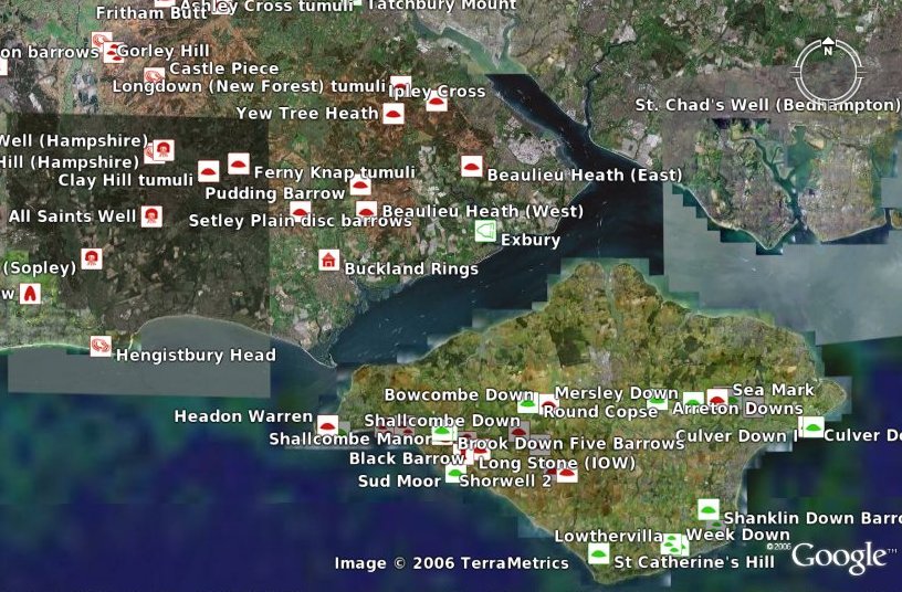 Screen Shot from Google Earth with the Megalithic Portal dataset loaded. Hampshire, Dorset and the Isle of Wight