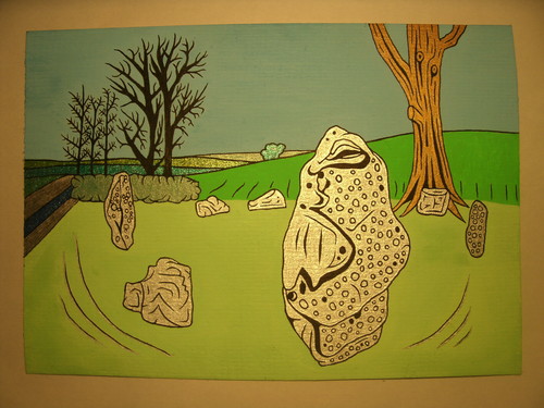 The wonderfully lovely Nine Stones of Winterbourne Abbas [if you ignore the road!]. This Original Artwork in a glass frame is £39.99 + Postage (Just whatever it costs), and is 17 and a half cm x 12 and a half cm. A limited (to a 100) print in a 8