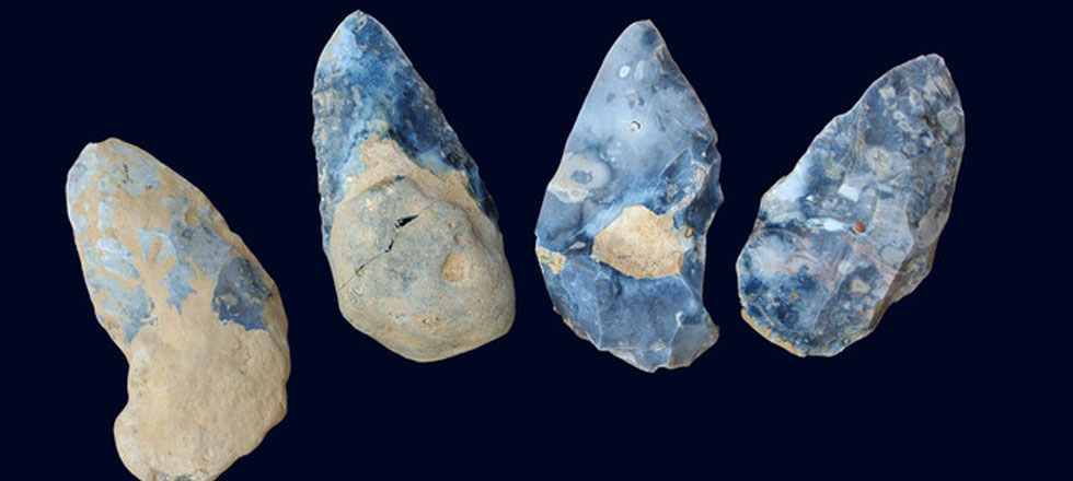 Set of four bifaces found in Acheulean level, dating back at least 300,000 years. Found at Etricourt Manancourt in the Picardie region of France.

Image copyright David Hedgehog / INRAP