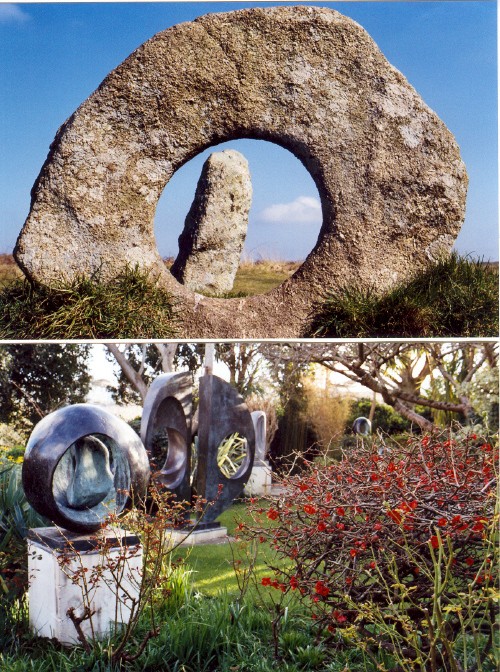 Category A 

Can anyone see any coincidence between Barbara Hepworth's work - shown here at the late sculptor's garden at St Ives - and the nearby megalithic landscape????  
(Men an Tol and the wonderful sculpture garden were both photographed in March 2004 during a wonderful week at Cape Cornwall.)
I did ask permission to photograph and film the exhibits.
