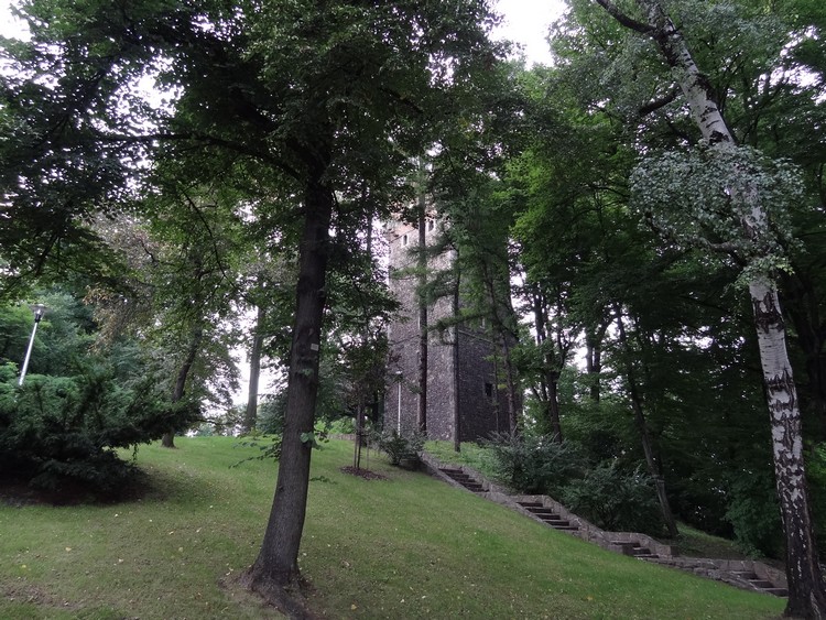 Top part of Góra Zamkowa in Cieszyn, place of Neolithic finds and site of an early medieval hillfort. Among the trees you can see a 14th century tower of a medieval castle (photo taken on August 2011).


