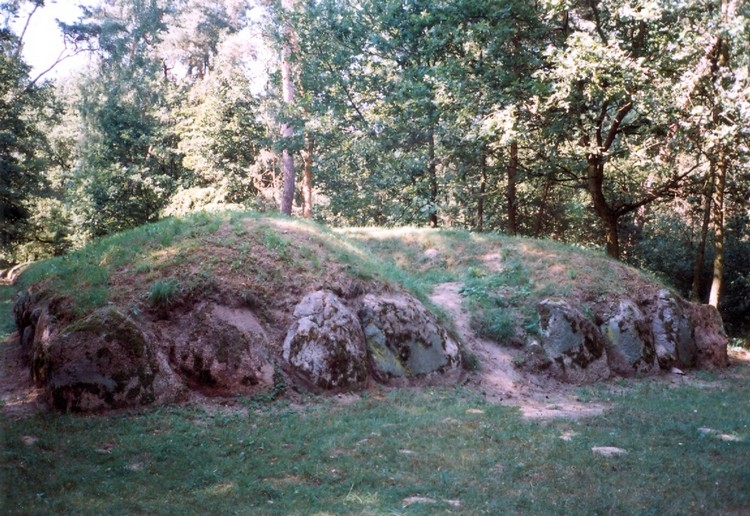 Front part of the Funnel Beaker culture long barrow with large stone blocks.
