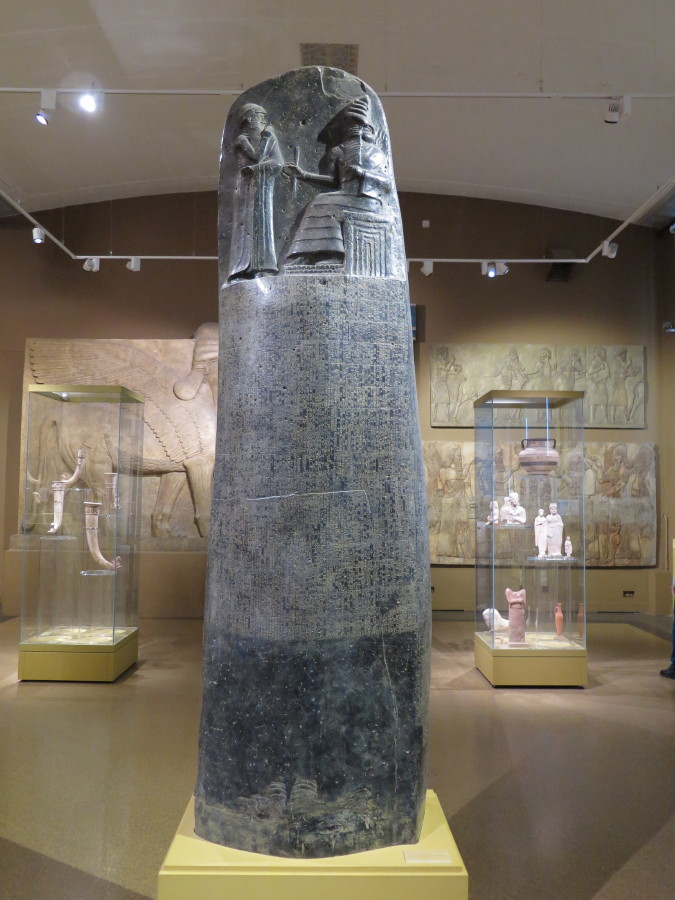 A cast of the original deorite stele of Hammurabi's Code of Laws from Suza.  The original is in The Louvre, Paris.  Old Babylonian mid 18th Century BC.  Photographed in May 2016

