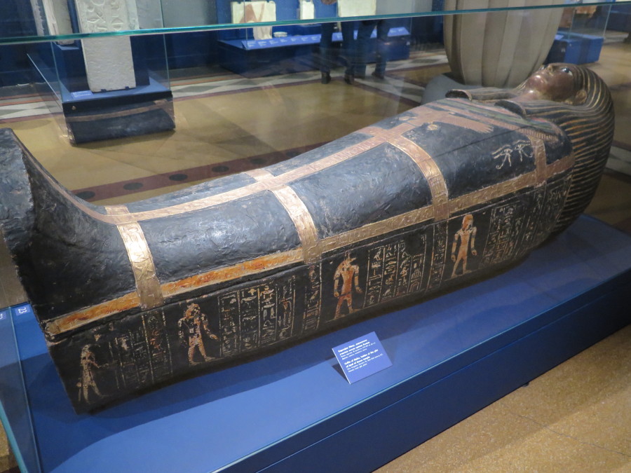 The coffin of Mahu, a land holder at the temple of Amun.  New Kingdom, Dynasty 18 (6th-14th century BC).  Painted wood with gilding and paste.  Photographed in May 2016

