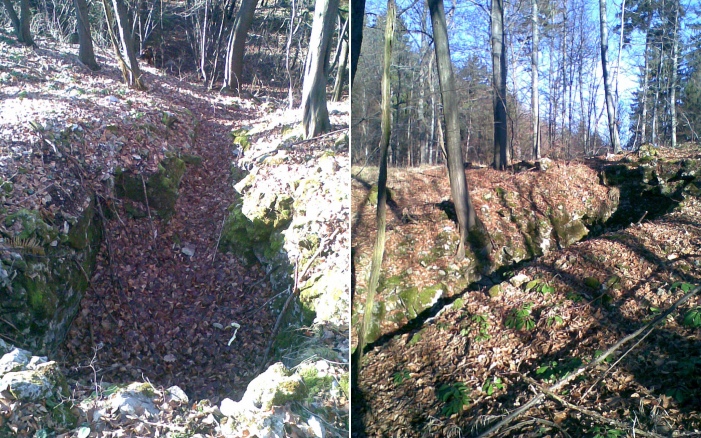 Site in slovenia: Narrow channel leads upwards to the trap chamber.
The trap chamber is about 2.5 meters long and 1.8 meters wide, while the depth is over 2 meters. All of the corners are rounded up to the top with a radius approximately 35cm. The surface of the radius is flattening up to the top of the trap chamber. This way any corner rock embossments that might become helpful in a trying escap