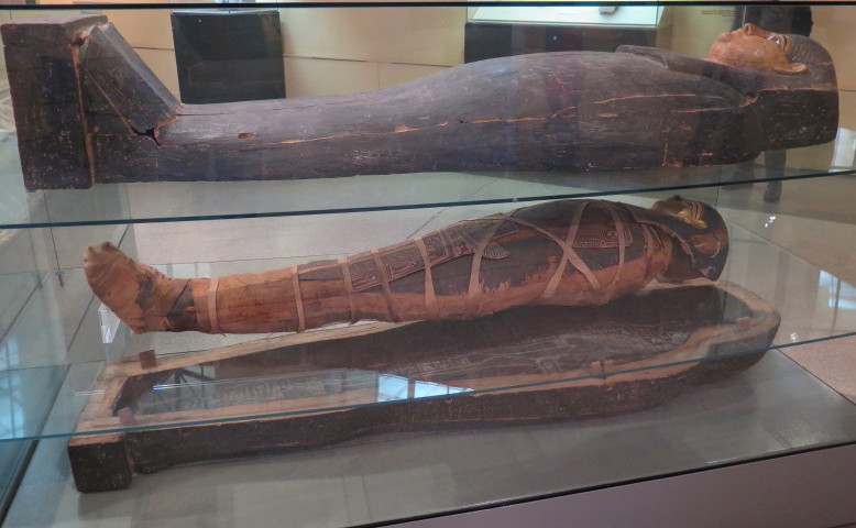 Mummy shaped coffin of a man dated to 3rd to 1st century BC.  Photographed in October 2017