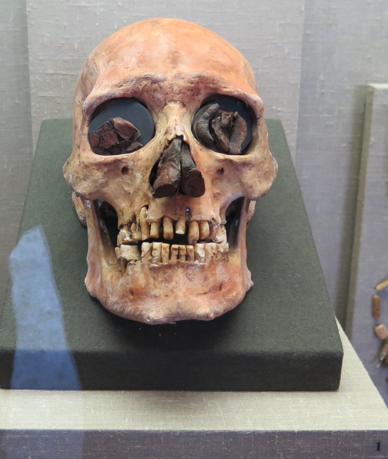Yamnaya Culture.  Skull with death mask from Poludni Burial Ground, Samara.  1st half of the third millennium BC.  May 2016
