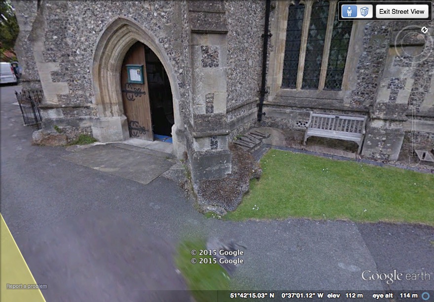 Google Street View showing a couple of the puddingstones in the foundations of the Church