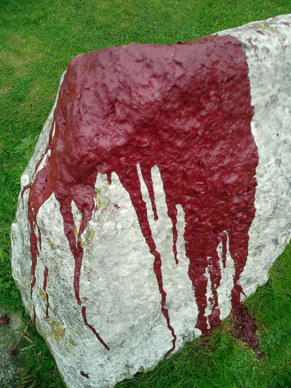 Close up of vandalised stone.. This is an X-rated photograph.  What a sicko!  Is it meant to be blood from a Druid sacrifice - or just evil stupidity?  How far is this circle from so-called civilisation?  