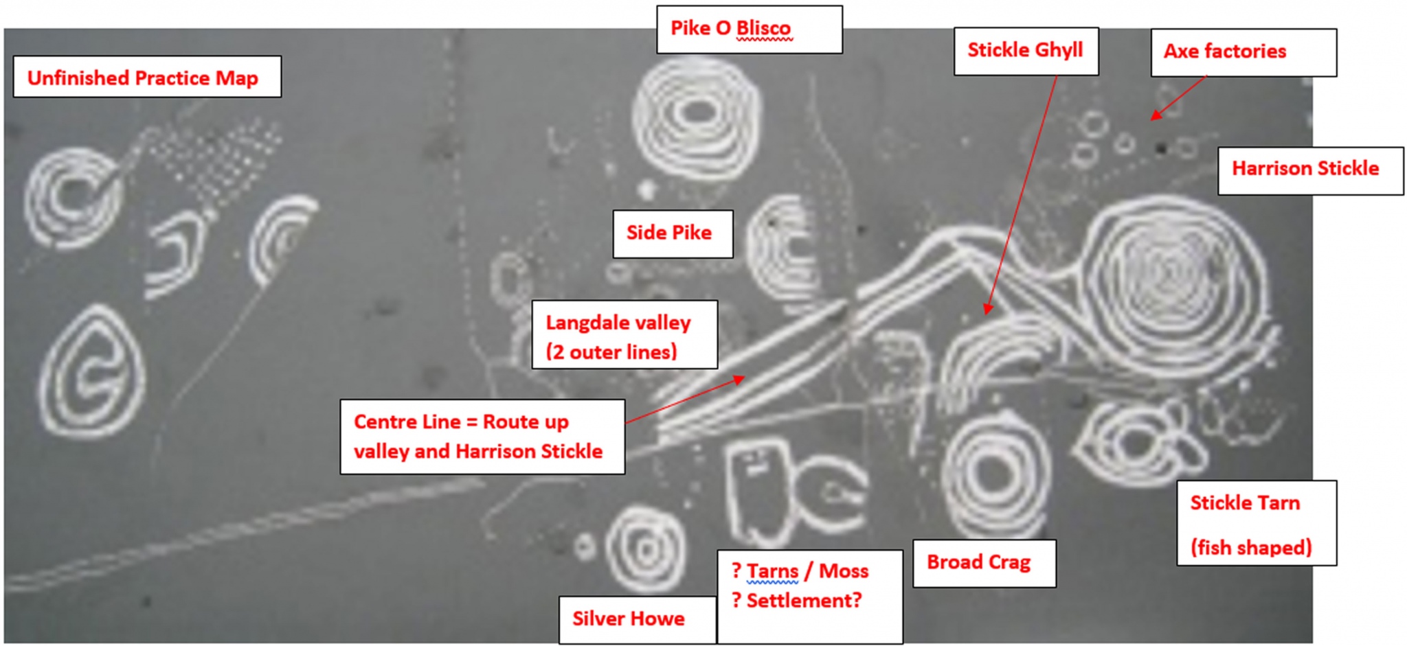 Annotated copy of the Copt Howe site sign, which no longer exists but was submitted by Drew Parsons in  in 2013, showing similarities between the engraved marks on the boulder and the geography of Great Langdale as viewed from the site
