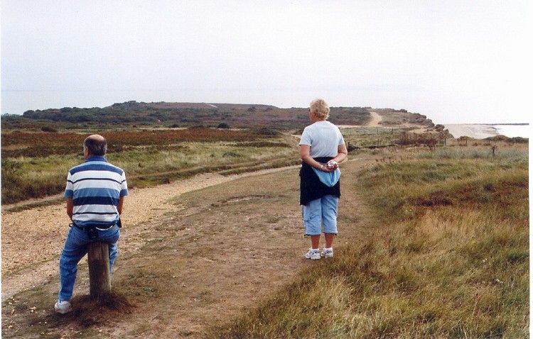 Hengistbury Head - my Dorset cousins survey the wild landscape.  It was hard to tell where the barrows were, so I was rather disappointed.  The guided walk on the following Sunday must have been a great help.  Later I found a plan in the museum at Christchurch.