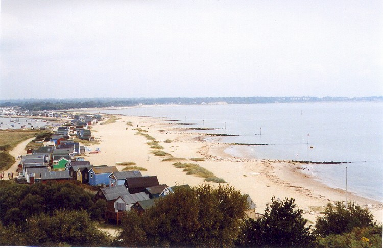 Looking down from the eastern end of Hengistbury Head, across the spit of sand that points approx NNE/N and is known today as 'Mudeford Beach'. Comparing the plan and the relief model from the museum at Christchurch, this long leg of sand enclosing Christchurch Harbour has become narrower over the years.