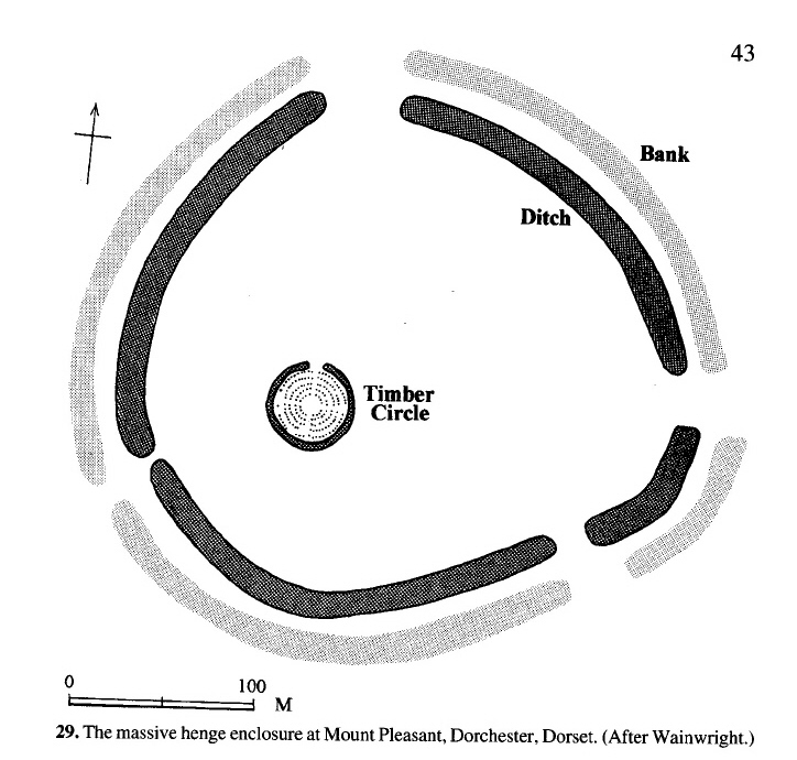 A plan of how Mount Pleasant henge would have looked, on p. 43 of 'Neolithic Britain', a 'Shire Archaeology' booklet by Joshua Pollard, pub 2002.
His caption reads 