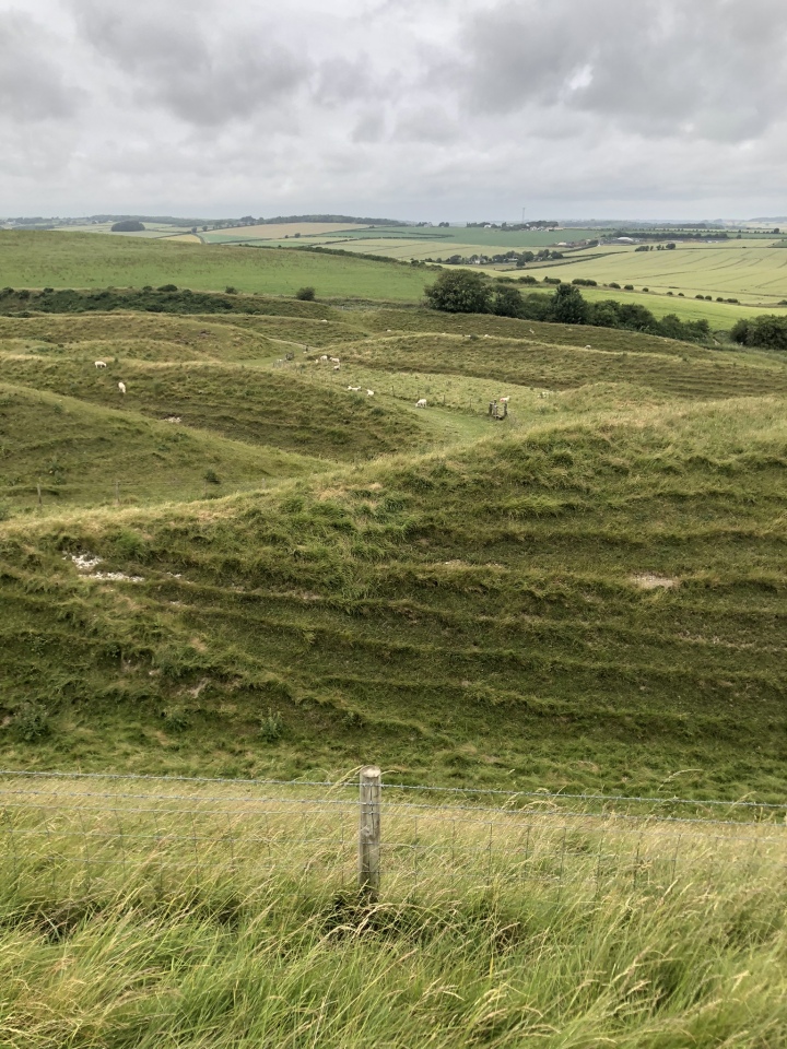 Looking down on some of the defensive banks and ditches that surround Maiden Castle. You run out of puff using the actual path so this way up would have been a real labour - assuming you made it to the top.