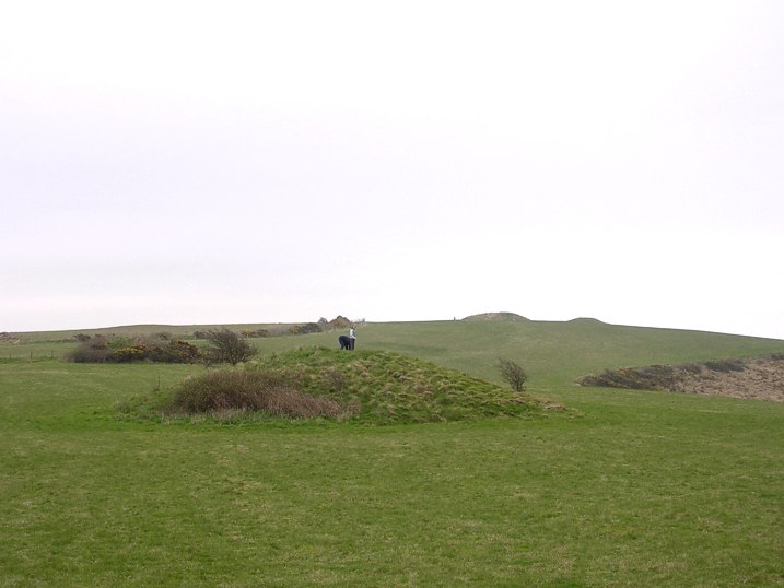 April 2005. The group of round barrows nearest to the ruins of  Northdown Barn: those on the highest ground (near a trig point) are 158m above sea level but only 2km from the sea. A spectacularly lofty resting place for any Bronze-ager.