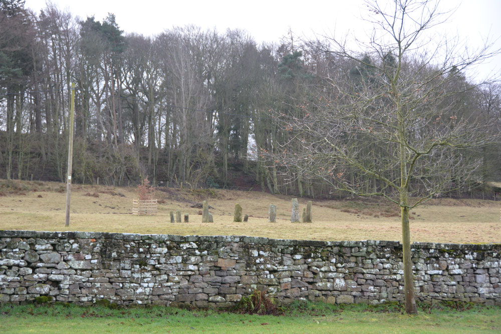 The modern stone circle, made out of gateposts, taken from part of the village green (NZ 08485 10277). The circle is on private land so did not venture into the field. 