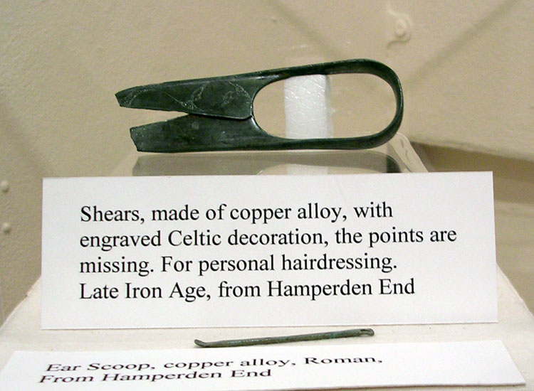 Iron Age shears decorated in the La Tene style.  Used for personal care such as beard and mustache trimming.  Found at Hamperden End during the laying of Transco's Cambridge to Matching Green pipeline.