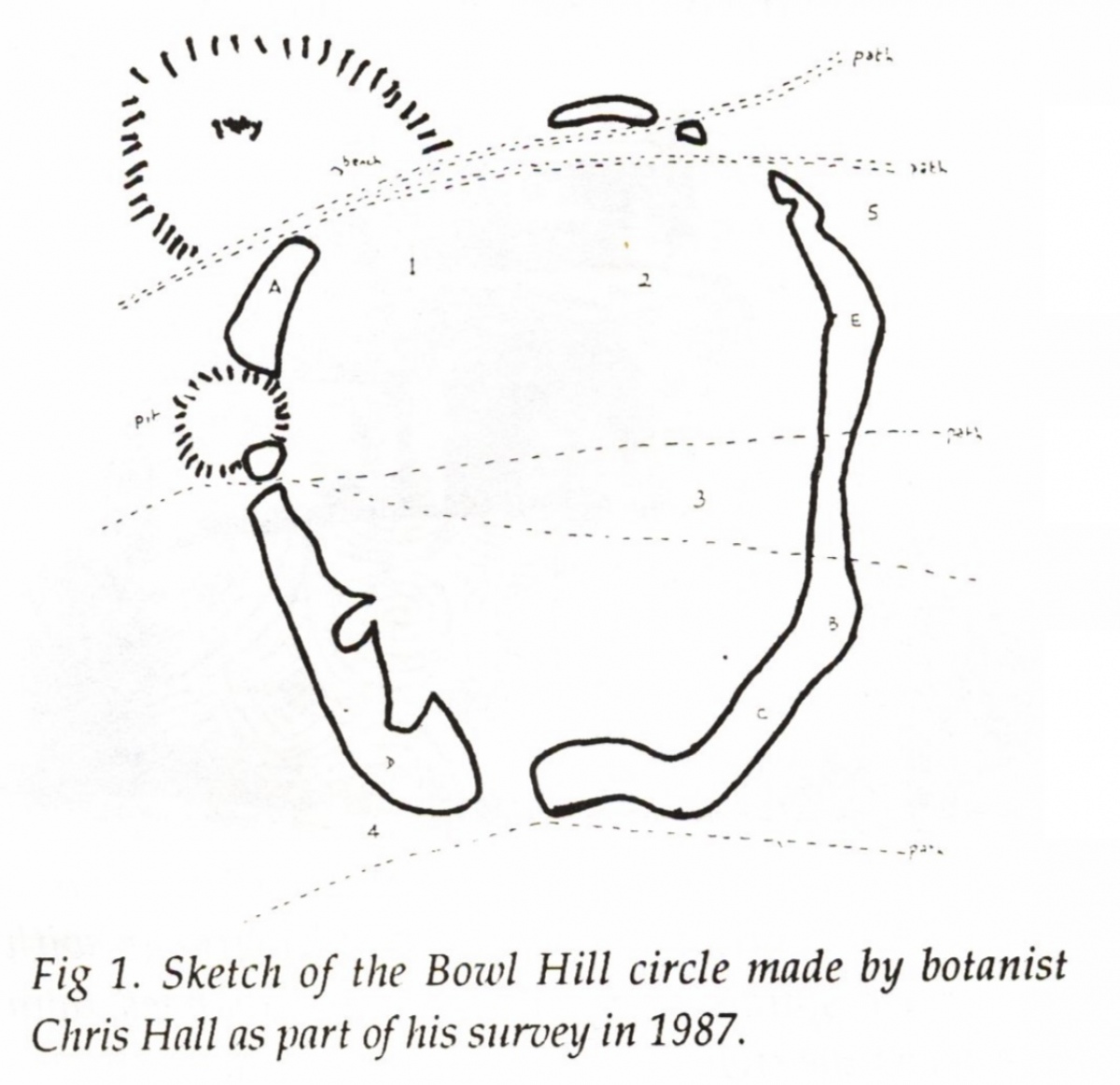 Sketch of the Bowl Hill circle made by botanist
Chris Hall as part of his survey in 1987.