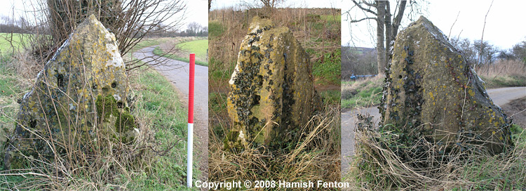 An old stone gatepost(?- no hinges) at Farmcote in Gloucestershire (Cotswolds near Winchcombe). Most stone gateposts across the cotswolds are square in section c.40x40cm and stand upto 1.5metres high with a rounded top. This gatepost is unusual, in that it is a rough triangular shaped stone which has then been extensively carved and shaped on three sides, with recesses that suggest it had wooden p
