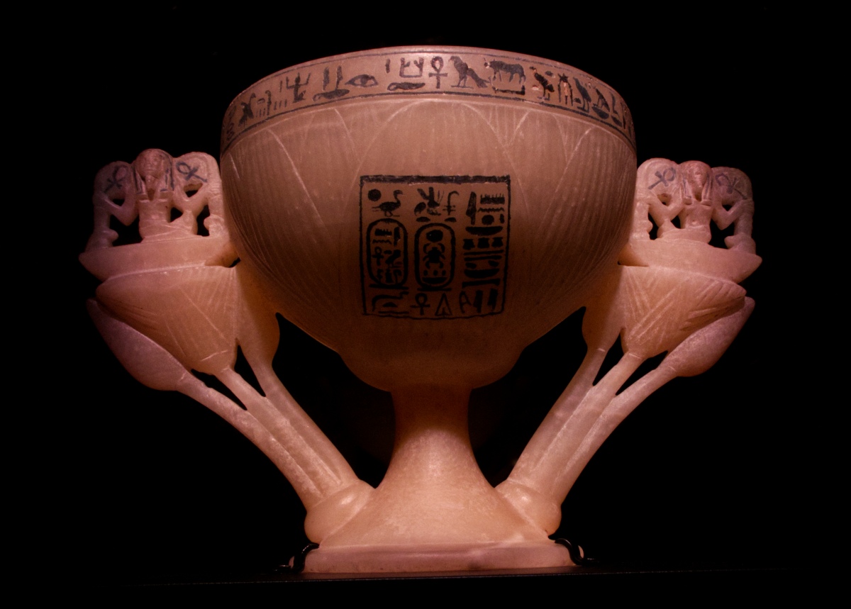 Tutankhamun's Wishing Cup in the Form of an Open Lotus and Two Buds.

Panel: Shaped like a open lotus blossom with Heh, god of eternity, on each handle, the wishing cup is a powerful symbol of rebirth and eternal life.

Medium: Alabaster

Size: H 18 cm, W 30 cm, D 17 cm

Reign of Tutankhamun 1336-1326 BC.  Photo taken 28th January 2020.
