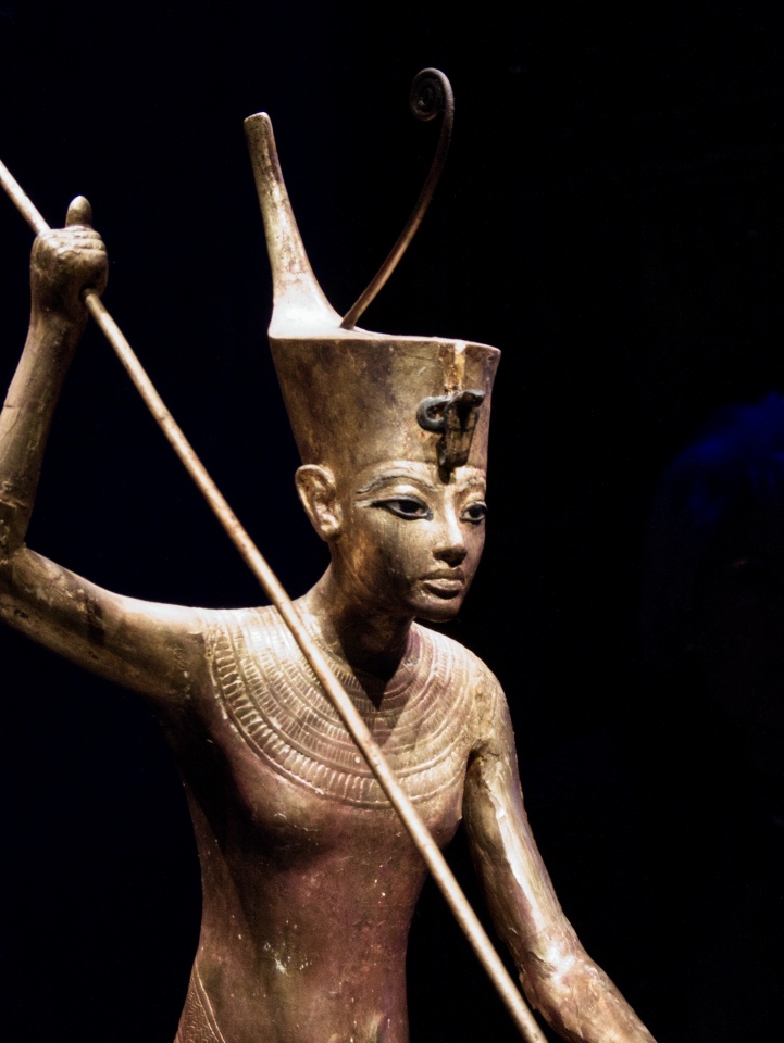 Gilded Wooden Figure of Tutankhamun on a Skiff, Throwing Harpoon

Medium: Wood, Gesso,  Gold Leaf, Bronze

Size: 
Figure: H 75 cm, 
Pedestal:	L 70.5 cm, W 18.5 cm, H 5.6 cm

Reign of Tutankhamun 1336-1326 BC.  Photo taken 28th January 2020.
