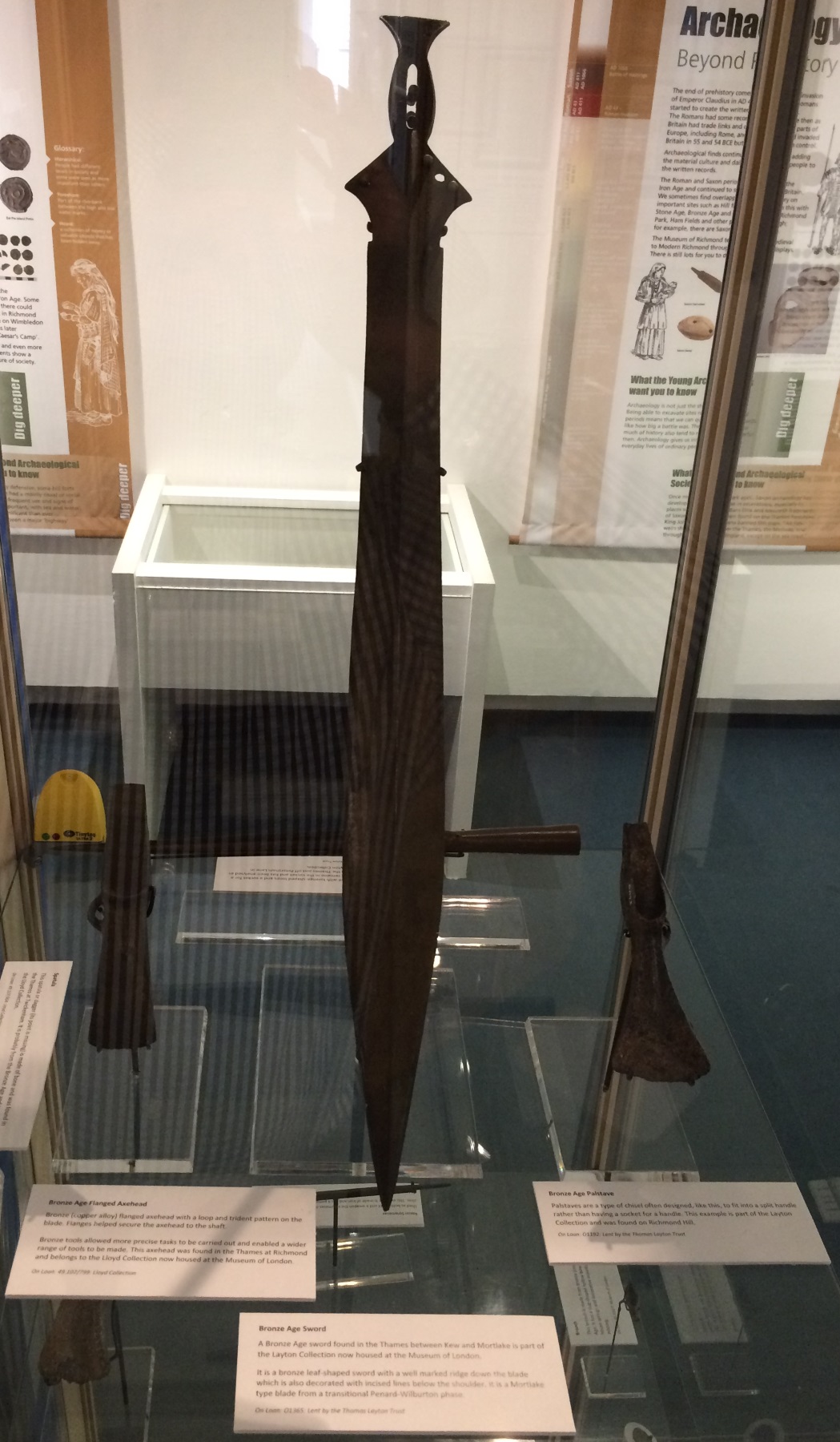 Huge Bronze Age Sword found in the Thames between Kew and Mortlake. Also two palstaves. Part of the temporary Richmond’s Prehistory display, to October 2018