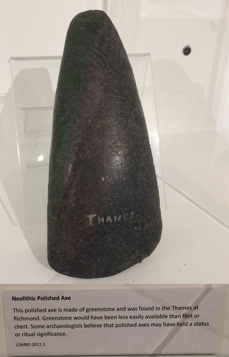 A beautiful polished Greenstone Axe found in the Thames at Richmond. Part of the temporary Richmond’s Prehistory display, to October 2018
