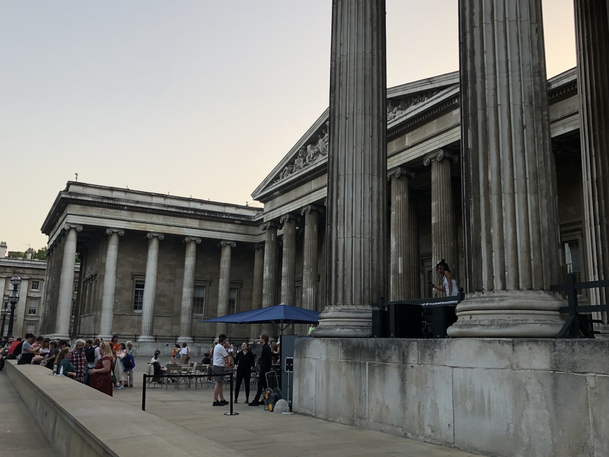 DJ Zakia Sewell shaking the British Museum collonades as part of Solstice Late 