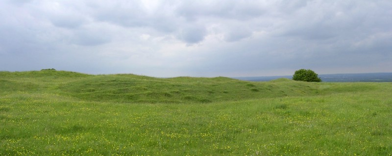 A composite image of the southeastern corner of the unfinished hillfort. Some of the causeways across the unfinished ditch can be seen, and the inner bank has a very lumpy profile. The causeways in this picture are probably not intended to be intended entrances to the fort because a probable 