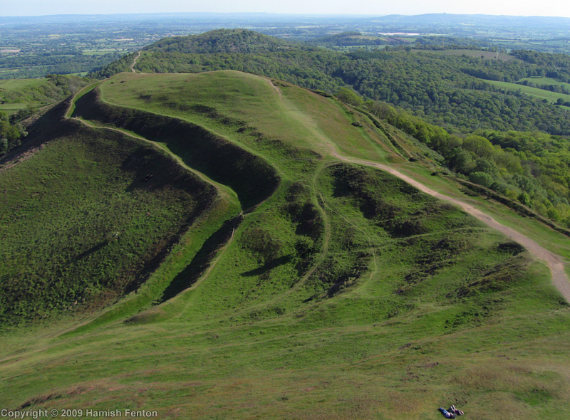 looking south over the  Millennium Hill section of Herefordshire Beacon (British Camp) Iron Age hillfort on the Malvern Hills.
Kite Aerial Photgraph 
23 May 2009