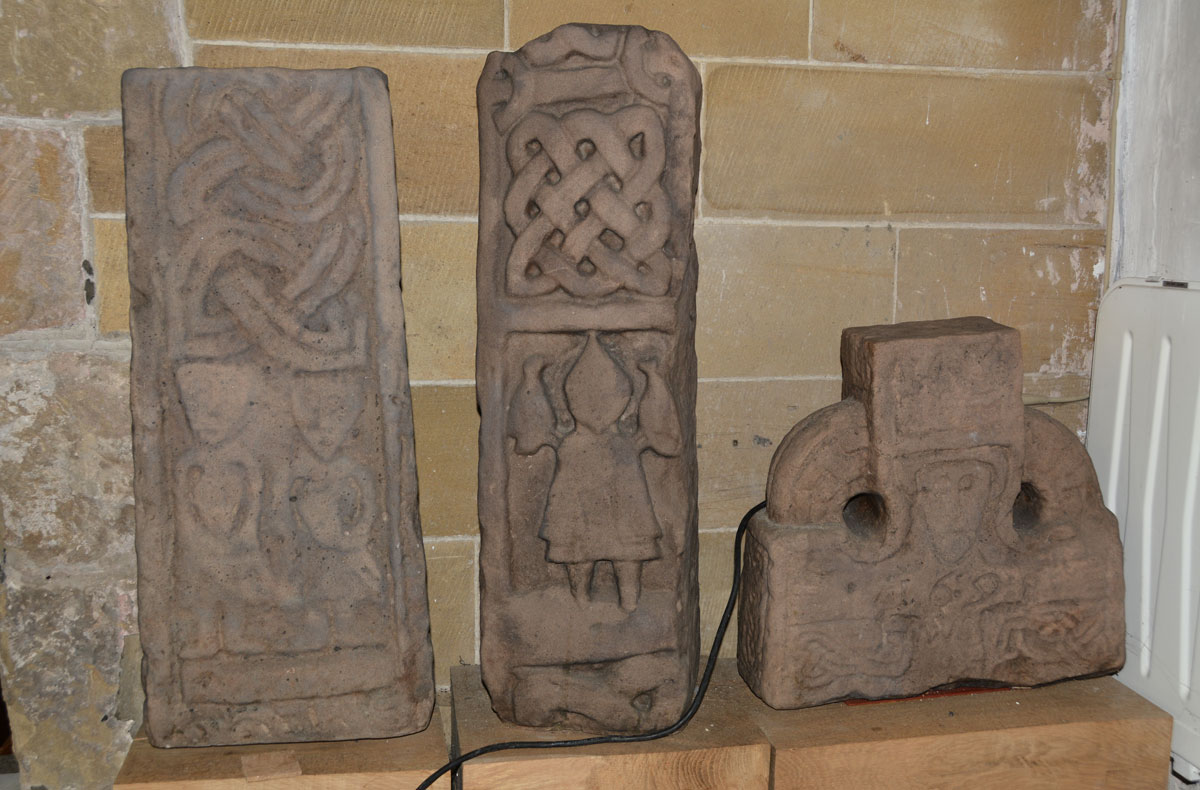 The three replicas of (left to right) AS Corpus Kirklevington 01, 02 and 15, which sit against the west wall of the chancel.  The originals are now in Preston Hall Museum in Stockton.  It is a shame these replicas are relatively poor quality; I am looking forward to seeing the originals.