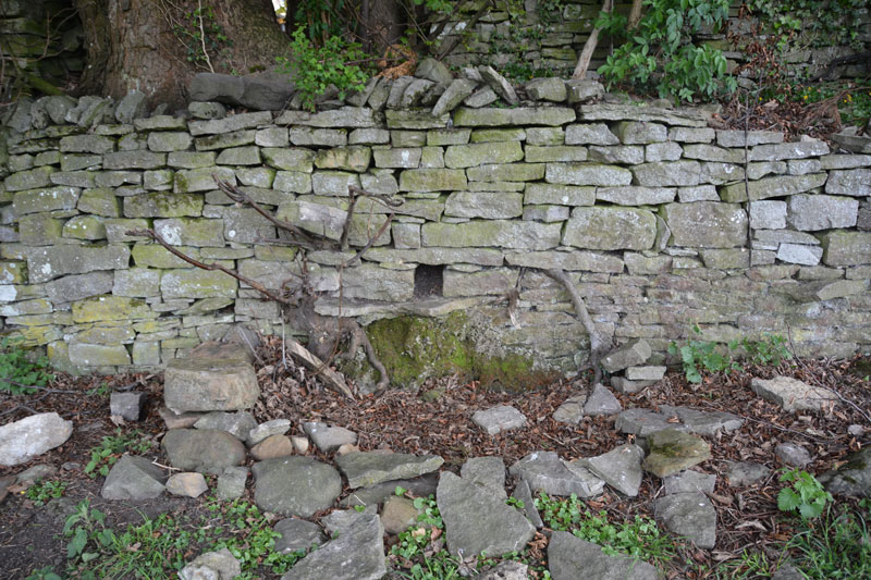 This is St. Alkelda's Well as it is now - completely dried up and the trough the water used to flow into is broken - it looks like rubble someone has thrown over the garden wall.  The hole where the water used to flow can still be seen, but any pipe appears to have been removed.  