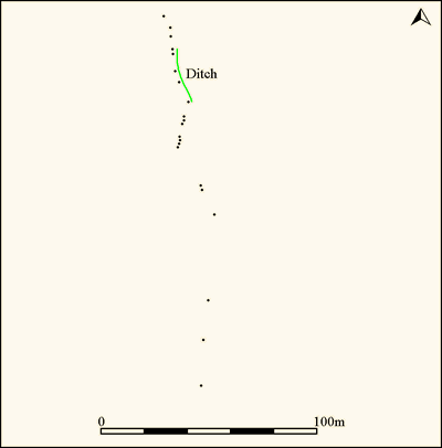 Plan of the Crown End stone row (Source: GPS survey by Sandy Gerrard).