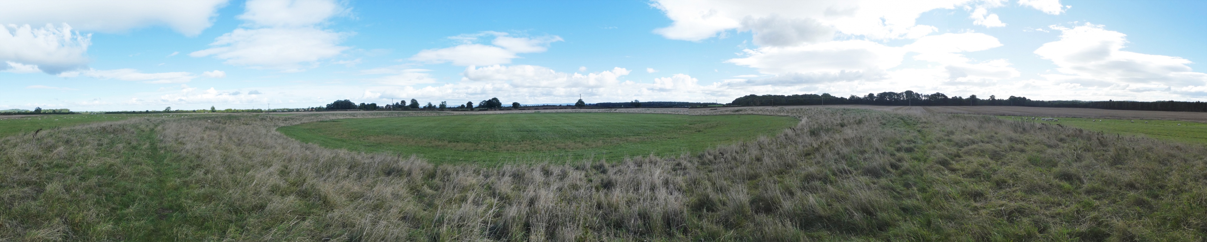 Stitched panorama of the southern henge looking east from the western side on a blowy day, September 2022. 