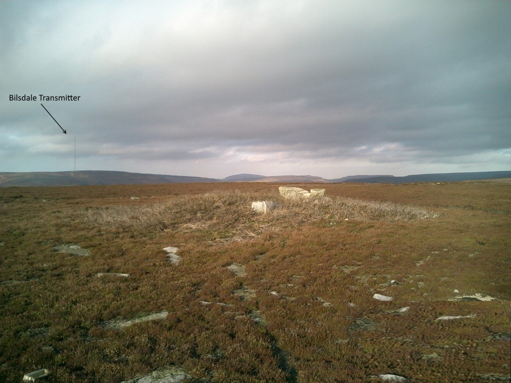 Northern Barrow at SE 58440 92920 - Viewed looking north westerly towards the Bilsdale Transmitter, November 2011. Hanging Stone is the large stone on the right of the barrow.