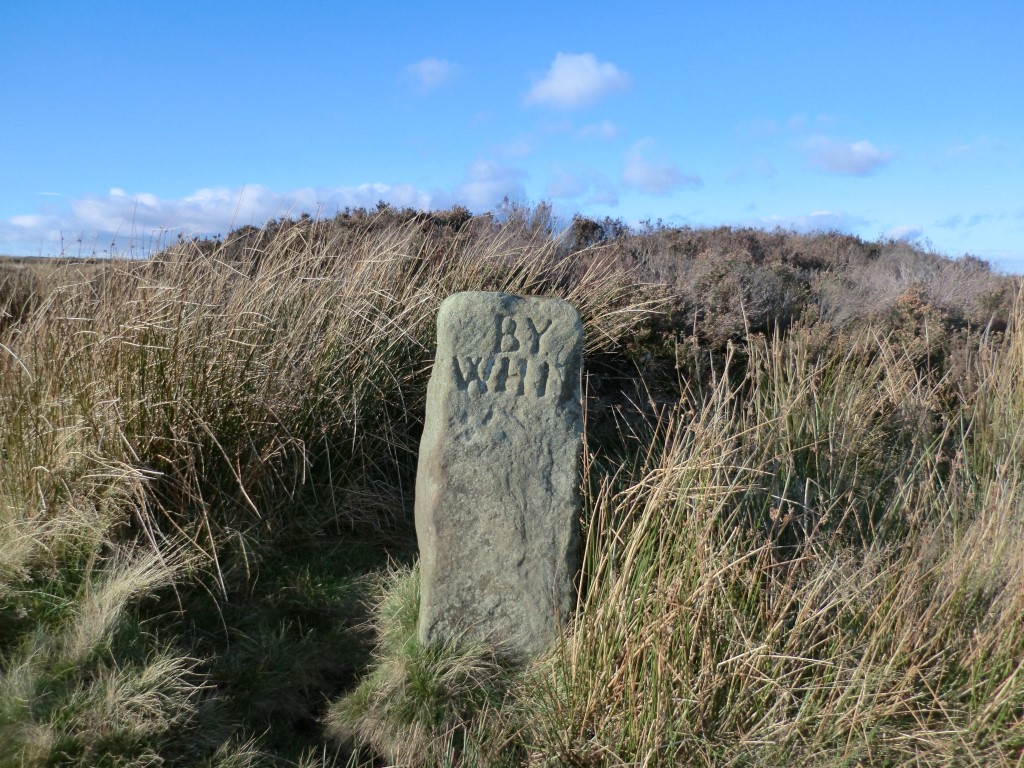 Guide Stone at NZ 71918 10876 – East Face, Whitby, November 2021. Unlike other stones on the NY Moors when the mason ran out of space, he would split the word up and put the remaining letters underneath using as many lines as required. On this one he has gone one better and put them above, consequently we have BY above WHIT for Whitby, though the ‘T’ is slowly disappearing