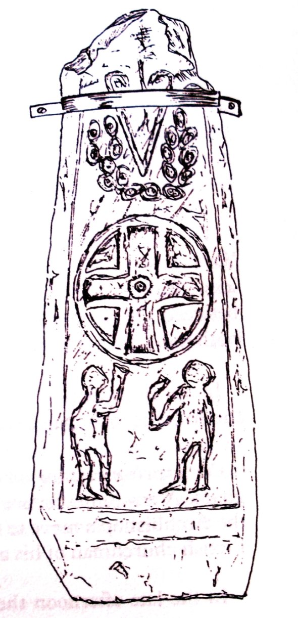 Wulfhere's Cross at Addingham at SE.085497. Detailed illustration of the 9th-11th century Saxon/Viking cross-shaft.