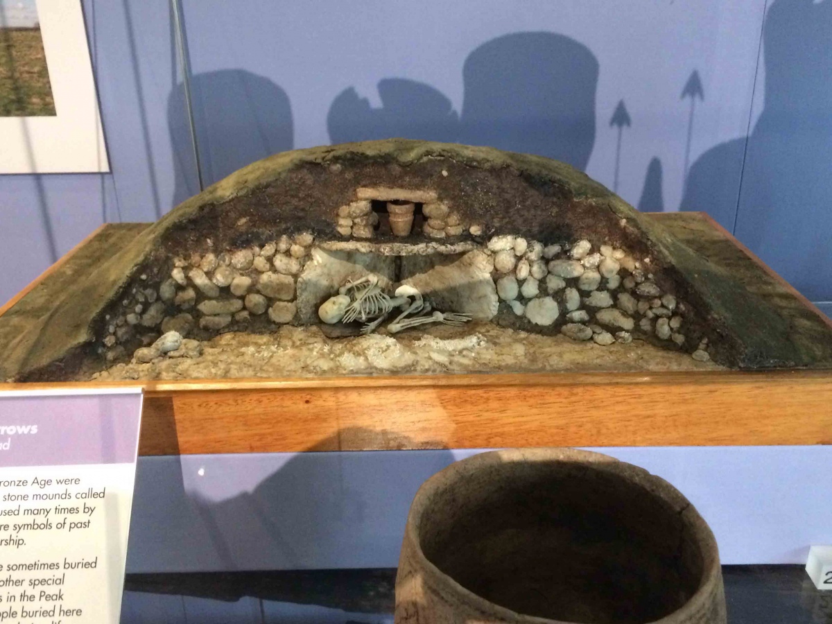 A cut-away schematic of a Bronze Age burial mound. This includes a cremation urn and a skeleton in a cist, the two principal modes of disposing of the dead that leave traces from the Bronze Age.

The model is itself inspired by one of Llewellyn Jewitt’s illustrations based on Thomas Bateman’s excavations of burial mounds in the Peak District. As such it is a 3D museological rendition of a 2D