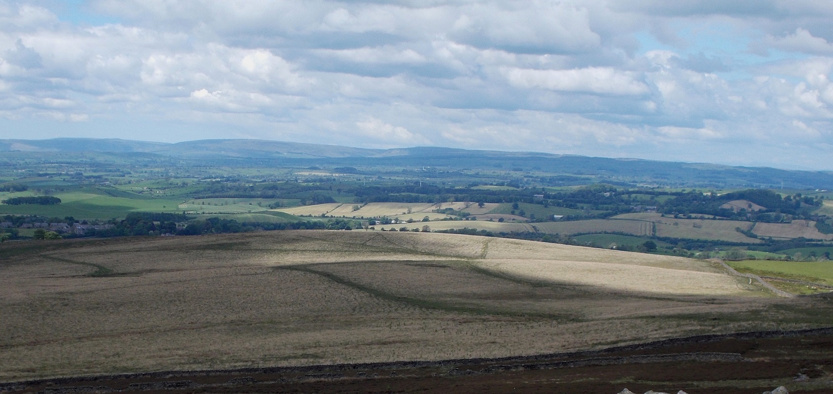 View looking west over the site, the cairn is in the centre of the yellow grass field in the photo. 