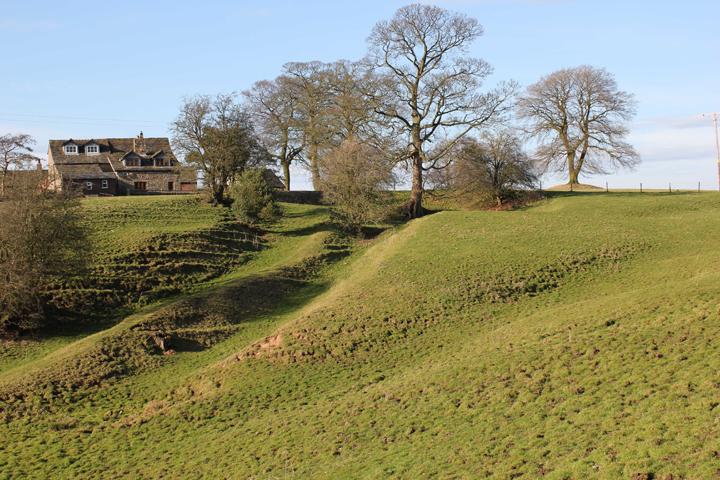 This tumulus stands at the top of what has been described as a 'ceremonial trackway' running between here and the nearby 'Gawsworth henge'.
The double 'track' is certainly curious but examination of the local geology strongly suggests its a natural fault line between two distinct bedrocks, the Bollin Mudstones and the Tarporley Siltstone Formation that runs N-S immediately west of the Leek Old Rd