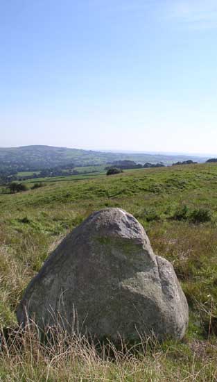 The standing stone located around 100m south of The Bullstones (at SJ956675) looking southwards to The Roaches.  

The view of the landscape appears to be the important one for this stone (if it is indeed prehistoric).