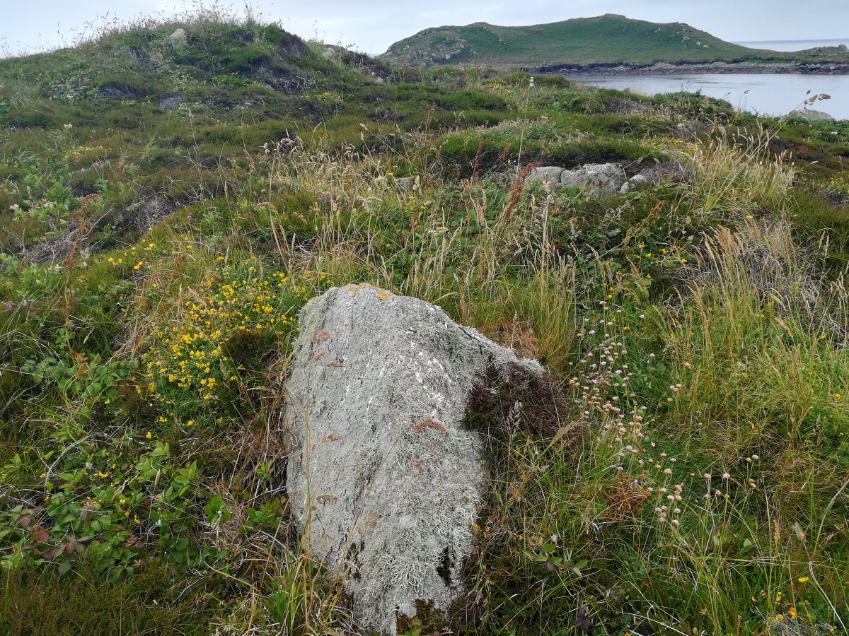 Little Arthur Chambered Cairn, A possible large kerbstone at the North Western Chambered Cairn at SV94111390 (Some of the stones of the cist/chamber are visible behind it on the right), The middle Chambered Cairn is in the background on the left and on the right is Great Arthur