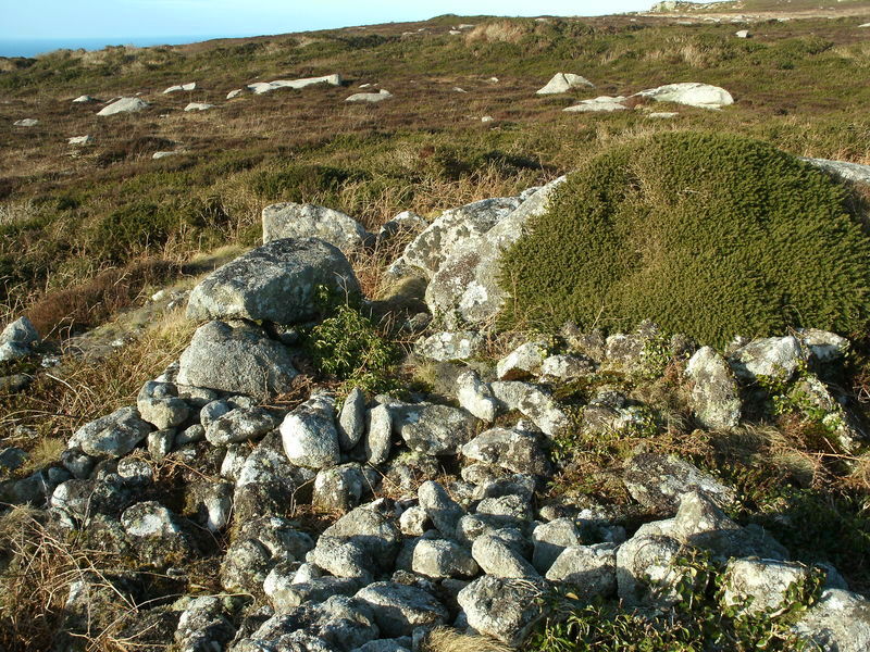 Watch Croft Cairns, this cairn is built against outcrop and has a massive kerb. The cairn is found at SW419355.
