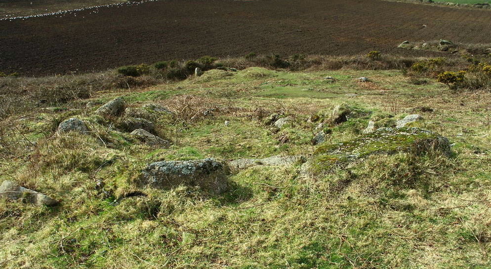 A kerb cairn on a steep West slope, SW 38392806. It has a diameter of 4.4m, including an outer kerb of fairly contiguous blocks and slabs up to 0.7m high; a few are double banked, giving a width of 1.1m. The interior is barely 0.3m high, with a central slab oriented NNW/SSE which may conceal a cist. In the background is the other kerb cairn at SW 38372806.