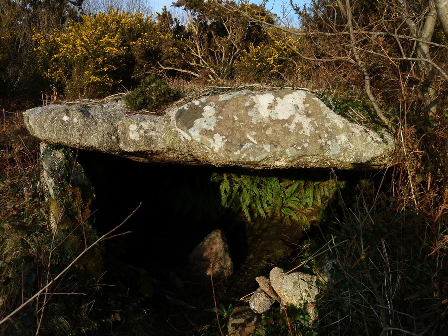 I'm really not sure what this is? Apart from it been man made, It's a really big stone balanced on a big stone [on the left] with a dug out chamber, No idea of it's age either. It's to be found at SW438320.