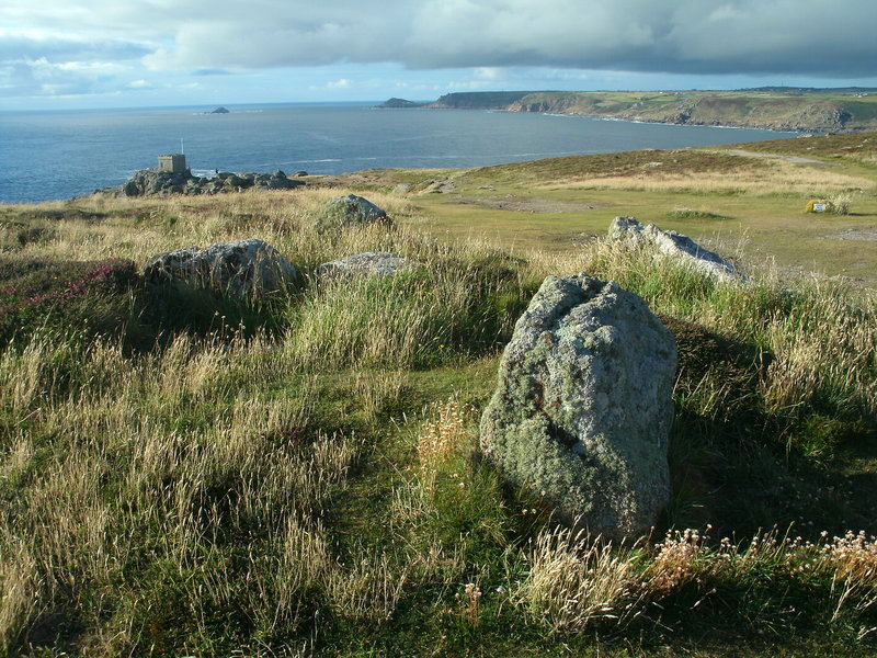 Mayon Cliff cairn, It's Cape Cornwall in the distance, Which for years was thought to be the furthest place west on the mainland, Until modern mapping proved it was really Land's end.