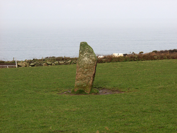 The stone sits in a field adjoining the north coast road, a short distance south of Gurnard's Head