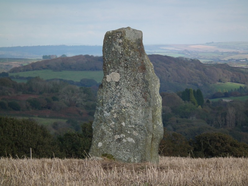 Menear standing stone looking south towards Polruan and the sea.