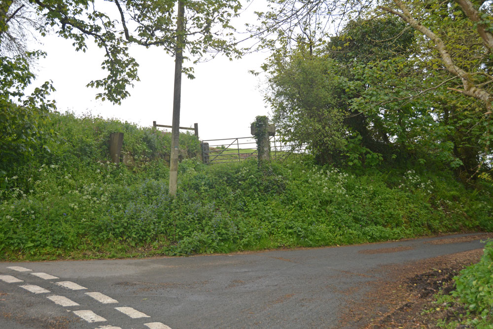 Approaching the Hele Cross from the minor road to the west. It is visible on the skyline, despite the number of trees around it. A very nice wayside cross, although Pastscape tells us it was moved a little further back from its original position due to a small gravel quarry encroaching upon it. The socket stone is hidden deep in ivy and brambles. Apparently the shaft is secured to the socket stone