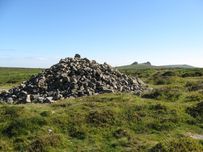 Looking back towards the two spectacular knobs of granite that form Haytor from Cairn 1.
These two are also seen on the horizon from Mardon Down, to the north.  (See site page.)  I'm sure their shape was significant to the ancient people.